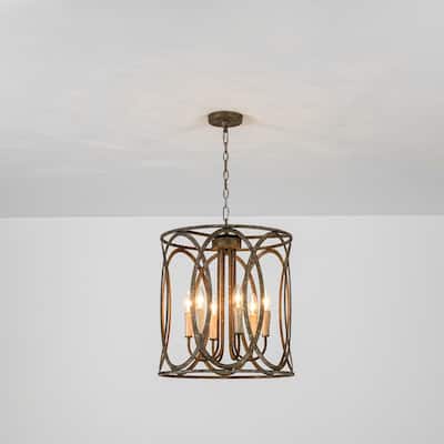 4-light Retro Bronze Rusted Finish Drum/Cylinder Frame Design Chandelier For Use in Kitchen Island, Dining Rooms