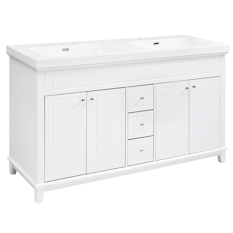 Roomfitters 60" Double Bathroom Vanity with Integrated Resin Double Sinks, 3 Drawers and 4 Doors with Shelving, White