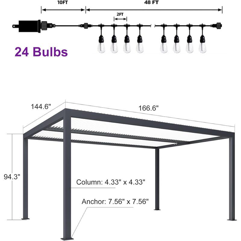 PURPLE LEAF Louvered Pergola with Solar Lights Hardtop Gazebo for Patio