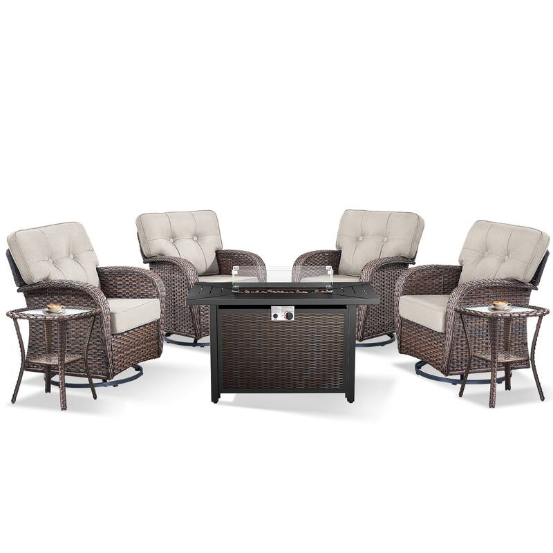 Pocassy Outdoor 43 In Fire Table with Sofa Patio Swivel Chair Set