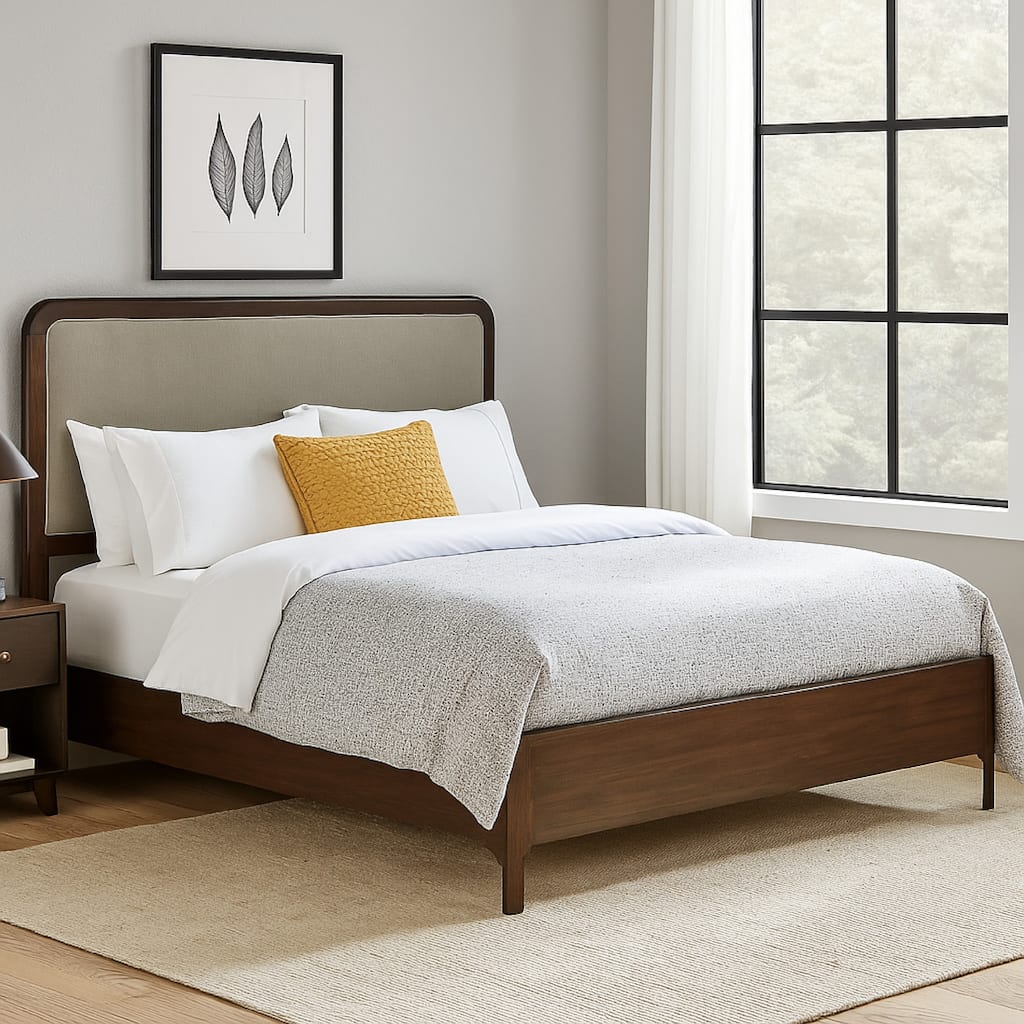 Rie King Size Bed, Taupe Gray Upholstered Headboard, Walnut Brown Wood