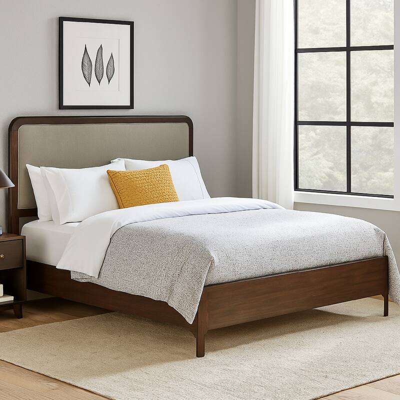 Rie King Size Bed, Taupe Gray Upholstered Headboard, Walnut Brown Wood