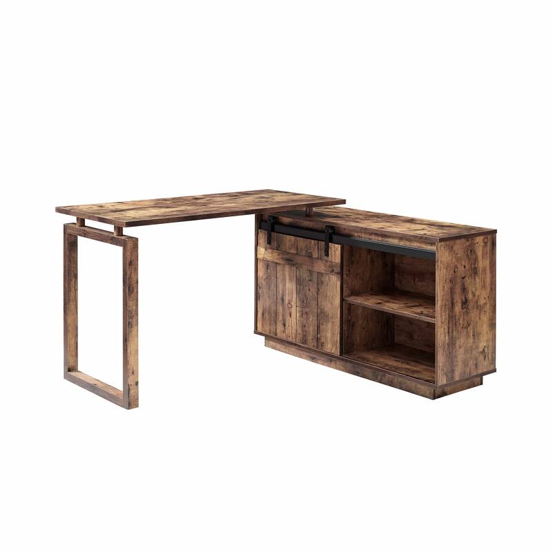 L Shaped Home Office Desk with Storage Credenza and Sliding Barn Door