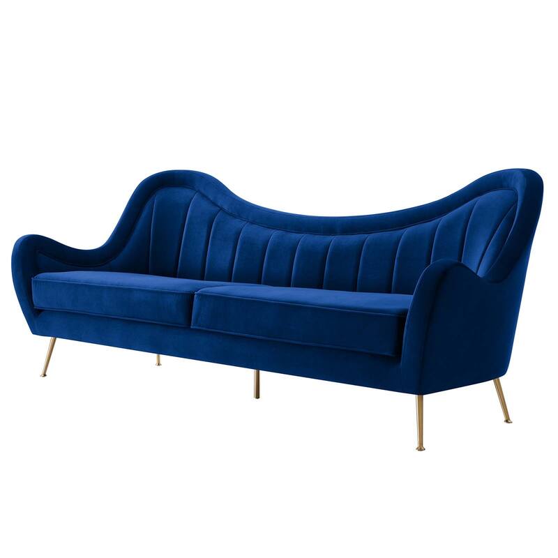 Tulsa Modern Blue Velvet Upholstered Sofa with Gold Metal Legs
