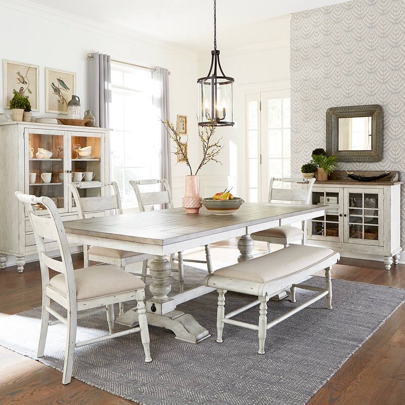 Whitney Antique Linen & Weathered Gray 6 Piece Trestle Table Set - Antique Linen