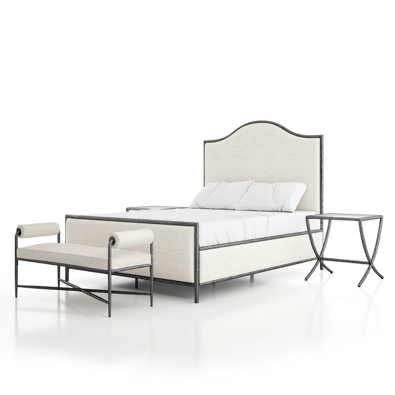 247 Shop At Home Lalia Modern 4-Piece Upholstered Hammered Metal Camelback Bedroom Set with 2 Nightstands - Matte Grey - Queen