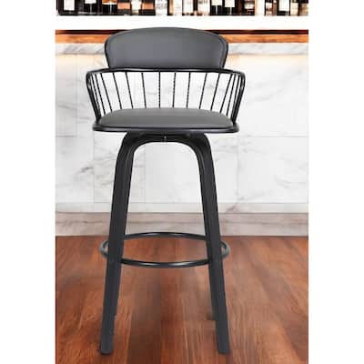 30" Gray And Black Faux Leather Swivel Low Back Bar Height Bar Chair