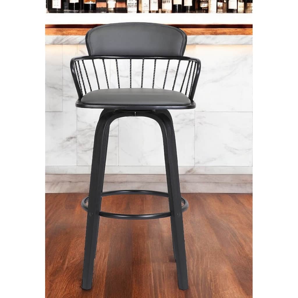 30" Gray And Black Faux Leather Swivel Low Back Bar Height Bar Chair