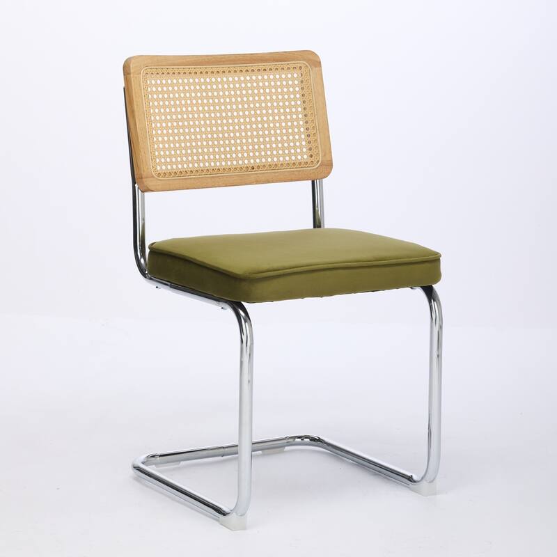 Roomfitters Mid-Century Modern Dining Chairs Set of 2, Velvet Upholstered Rattan Back Cantilever Chairs with Chrome Base
