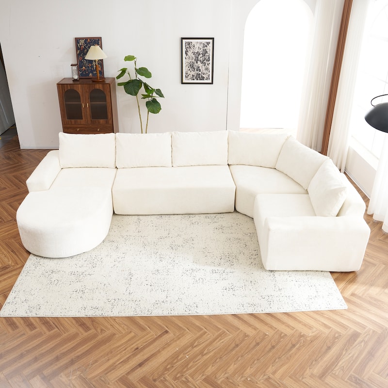 Chenille U-shaped Sofa, Cloud Sectional Sofa Set Upholstered Deep Seat Couches with 6 Pillow Recliner Sofa for Living Room