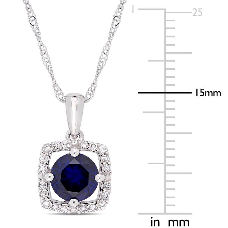 Miadora 10k White Gold Created Blue Sapphire and 1/10ct TDW Diamond Floating Square Halo Dangle Necklace