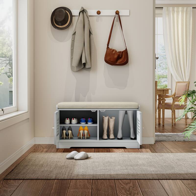 28.74" Shoe Storage Bench with 2 Door Cabinet, Grey Entryway Bench Indoor Bench with Padded Seat and Adjustable Shelves