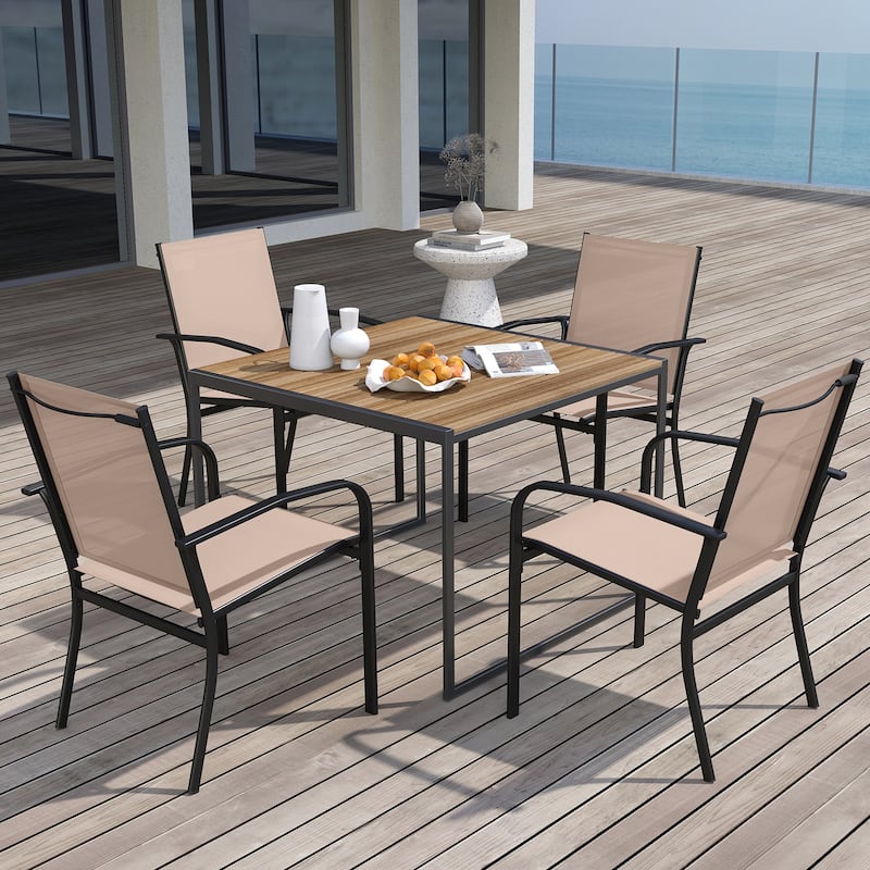 Light Brown Stackable Outdoor Dining Chairs Set of 4 with Metal Frame and Ergonomic Design - 24" x 22.5" x 35"