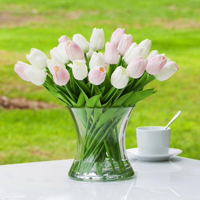 Enova Home Large Artificial White Pink Real Touch Tulips Fake Silk Flowers Arrangement in Clear Glass Vase for Home Office Decor