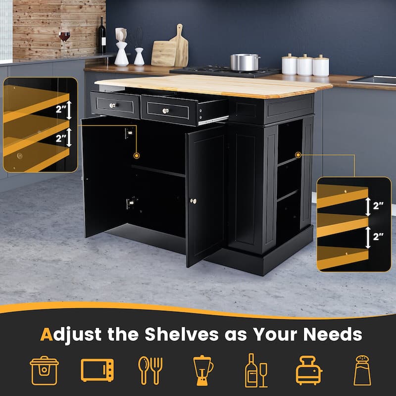 Gymax Large Kitchen Island Drop Leaf Breakfast Bar w/ Wood Top Shelves