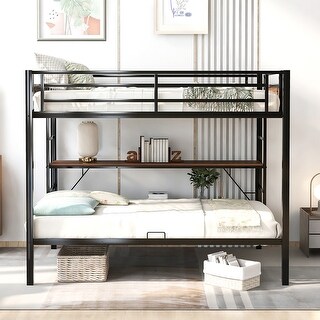 Full over Twin Metal Bunk Bed with Storage Shelves and Ladder - Bed ...