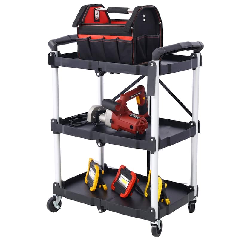 3-Tier Folding Collapsible Service Cart, 50 Lb Load Capacity per Shelf - 25.6"Lx15.4"Wx32.7"H - Black - Serving Cart
