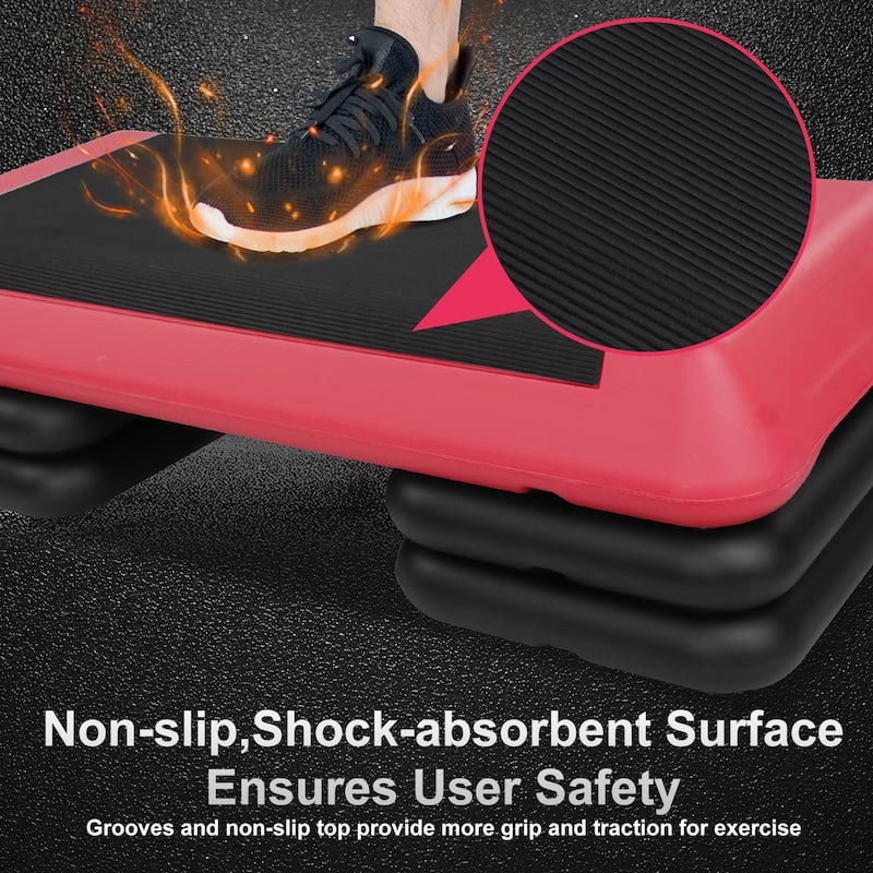 Roomfitters Aerobic Step Platform with 4 Adjustable Risers, Health Club Size Home Workout Stair Stepper, Black+Red