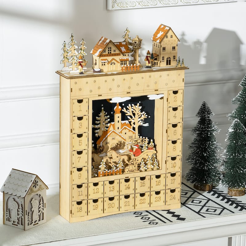 HOMCOM Christmas Advent Calendar, Light Up Wooden Holiday Decoration with 24 Countdown Drawers and LED LightsNatural