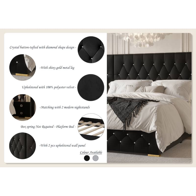 CraftPorch Luxurious Velvet Tufted Platform Bed with Wall Panels