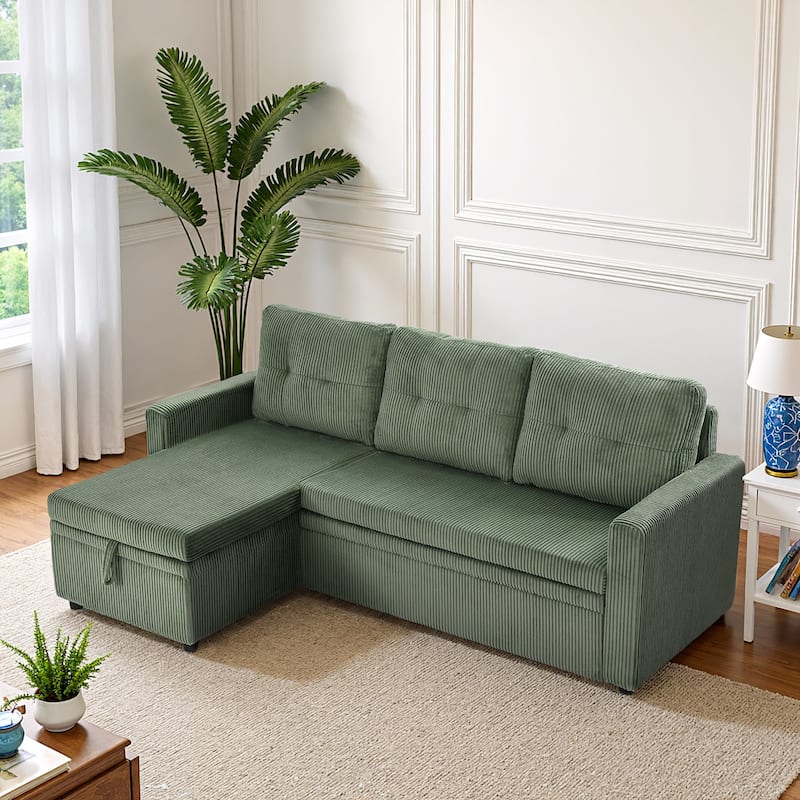 Tufted Convertible Corduroy/ Linen Modular Sectional Sofa with Storage Chaise - Corduroy-Green