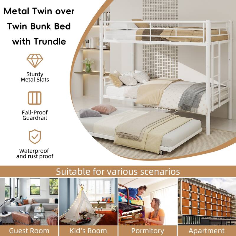 GDFStudio - Heavy-Duty Metal Twin over Twin Bunk Bed with Guardrail