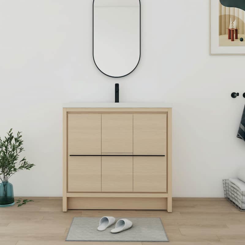 Bathroom Vanity With Sink In 24/30/36/48 Inch, Freestanding Bathroom Vanity With Soft Close Door and Drawer - 35.4''W×18.1''D×35.3''H - Dune Oak