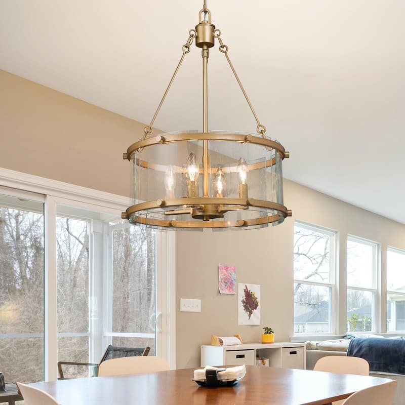 Mid-century Modern 4-light Drum Chandelier Seeded Glass Shade Foyer Pendant for Dining Room - D16.9'' x H82''