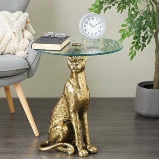 Gold Aluminum Spotted Sitting Leopard Accent Table with Glass Tabletop