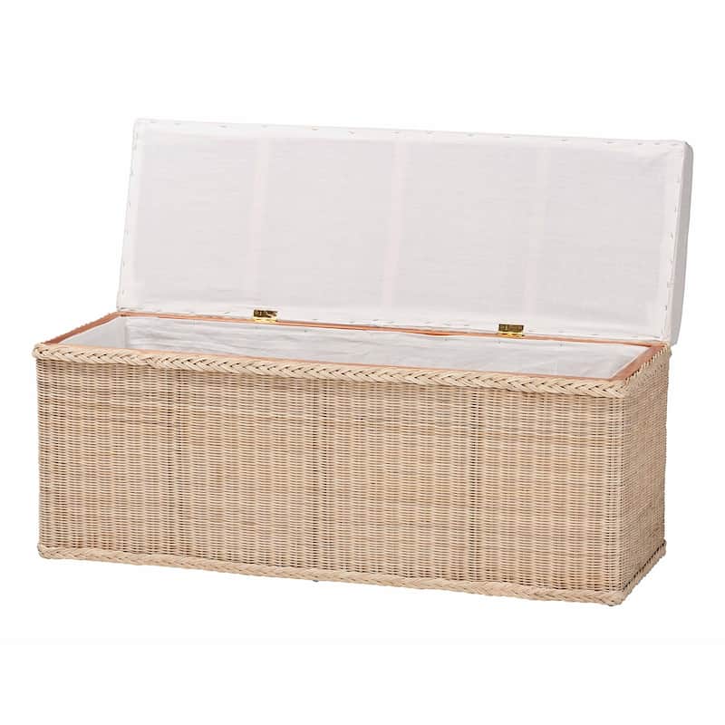 Barid Braided Natural Rattan Storage Bench with Lift-Top - Coastal Boho Chest for Bedroom or Living Room, Natural