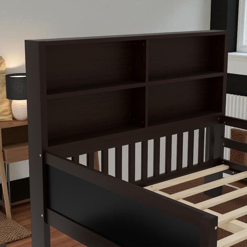 Twin/Full Solid Wood Platform Bed with Chalkboard Headboard, Storage Drawers and Shelves, Space-Saving Kids Bed