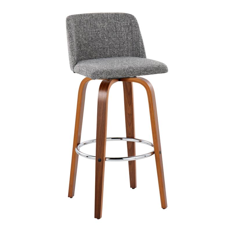 Carson Carrington Vallberga 30" Fixed-Height Bar Stool with Walnut Wood Base (Set of 2) - Grey Noise Fabric/Round Chrome Footrest