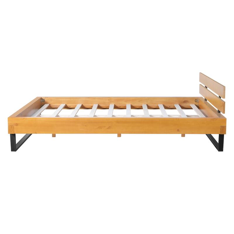 Queen Size Pine Wood Bed Frame in Natural & Black, Modern Industrial Design