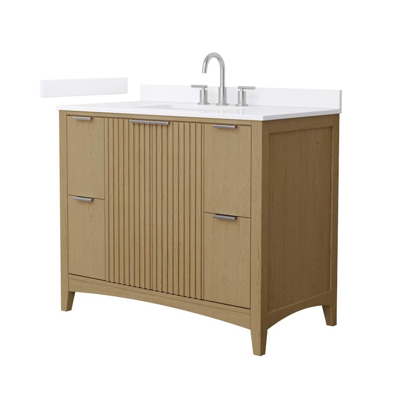 Wyndham Collection WCF9191-42S-QTZ-US3MXX Palmilla 42" Free Standing - Natural Oak / White Quartz Top / Brushed Nickel