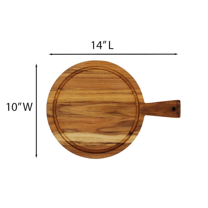 EcoDecors Round Teak Cutting Board 14" with Handle, FSC Certified Wood, Carving Board for Kitchen & Prep
