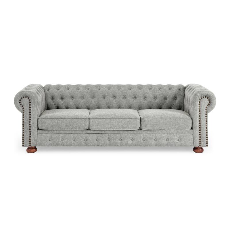 Linen Upholstered Chesterfield Sofa, Tufted 3 Seater Sofa with Nailhead Trim & Scrolled Arms, Low Back Sofa with Solid Wood Legs