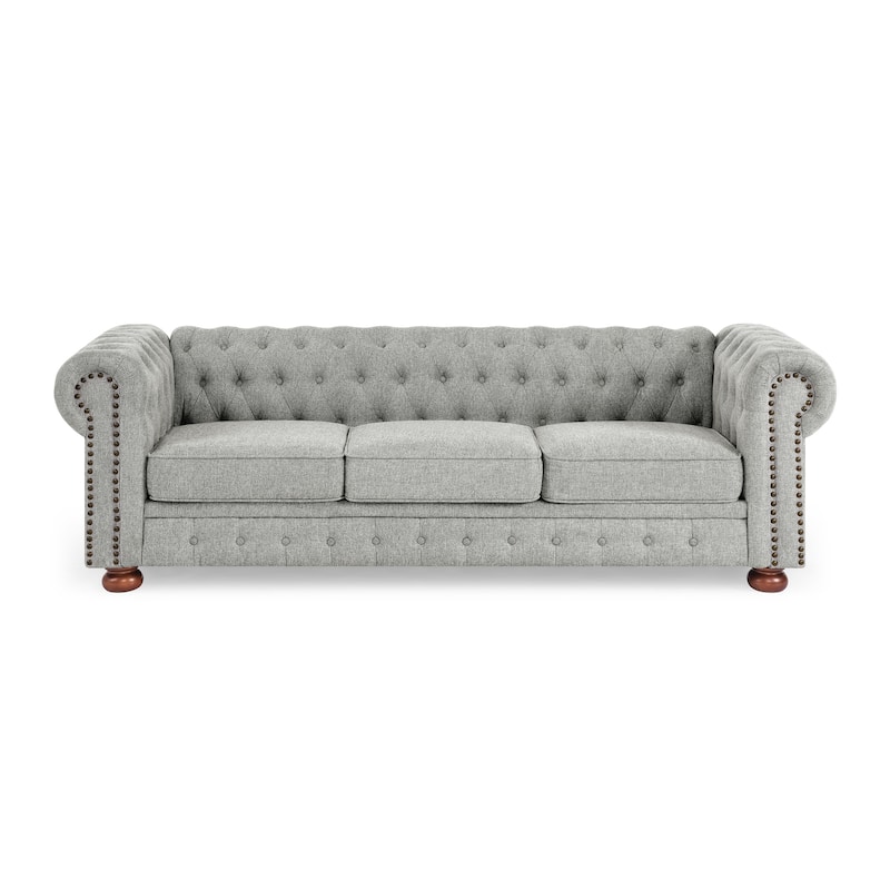 Roomfitters Chesterfield Tufted Linen Upholstered 3-Seater Sofa with Scrolled Arms and Nailhead Trim