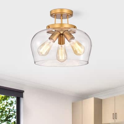 Sadie Matte Gold 3-Light Clear Curved Glass Shade Semi-Flush Mount