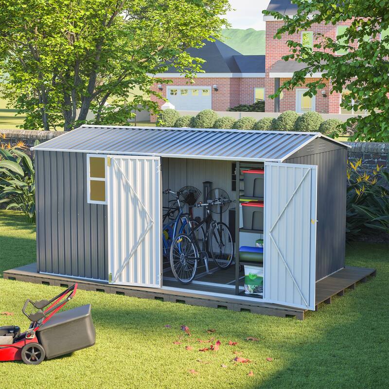 8x12 Ft Storage Shed Outdoor, XL Heavy-Duty Steel Building with Window-Features Hinged Gray Doors & 4 Air Vents for Backyard