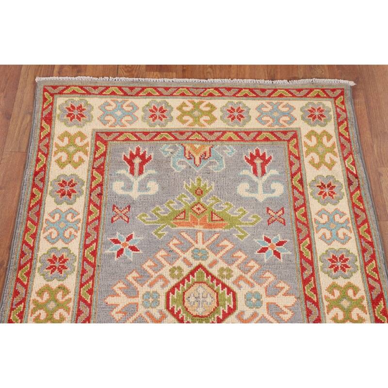 Gray Geometric Kazak Oriental Accent Rug Handmade Wool Carpet - 2'8" x 3'11"