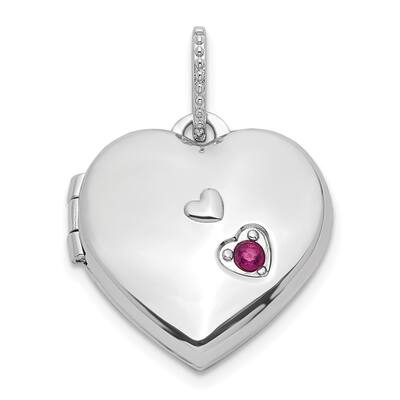 925 Sterling Silver Rhodium-plated Lab Created Ruby Heart Locket Pendant & Charm (L-20.75mm, W-15.75mm)
