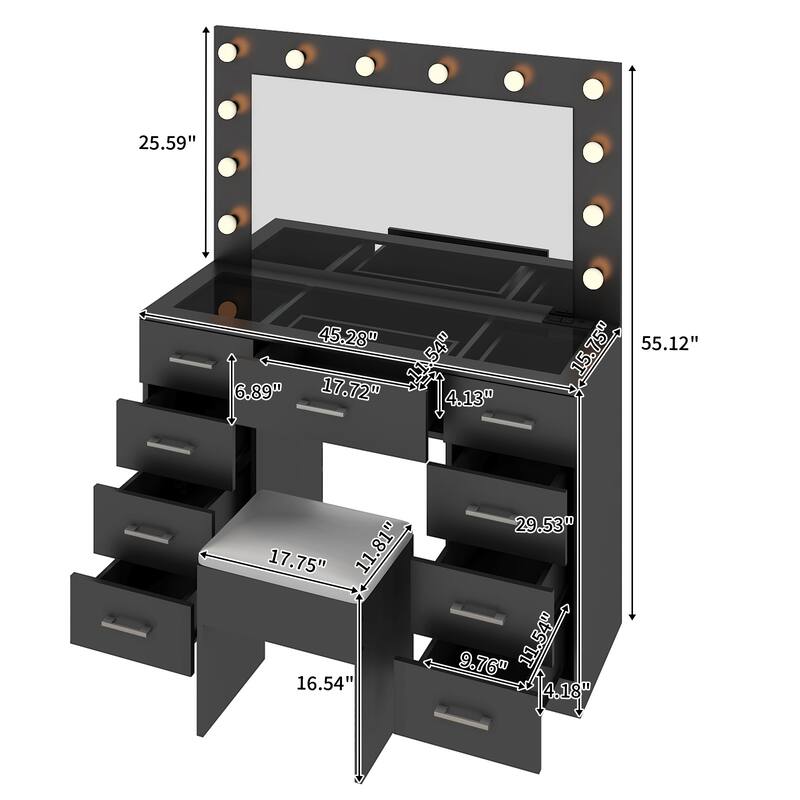 Luxury Vanity Desk Set with Lighted Mirror Cushioned Stool 9 Drawers Glass Tabletop and Built in USB Charging Station