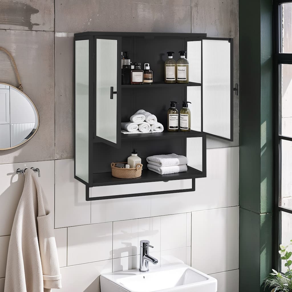 Glass Door Double Door Wall Cabinet with Towel Rack and Open Shelving