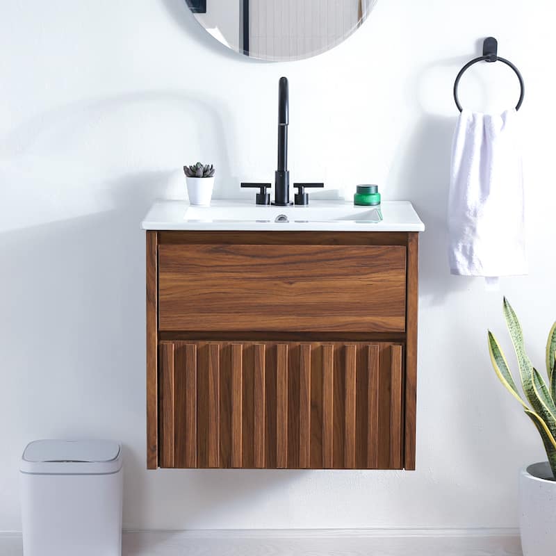 Sherwin Slat Modern Coastal 2-Drawer Wall Mounted Bath Vanity Cabinet Only (Sink Basin Not Included), By JONATHAN Y - Walnut - 24"W x 18"D x 20"H