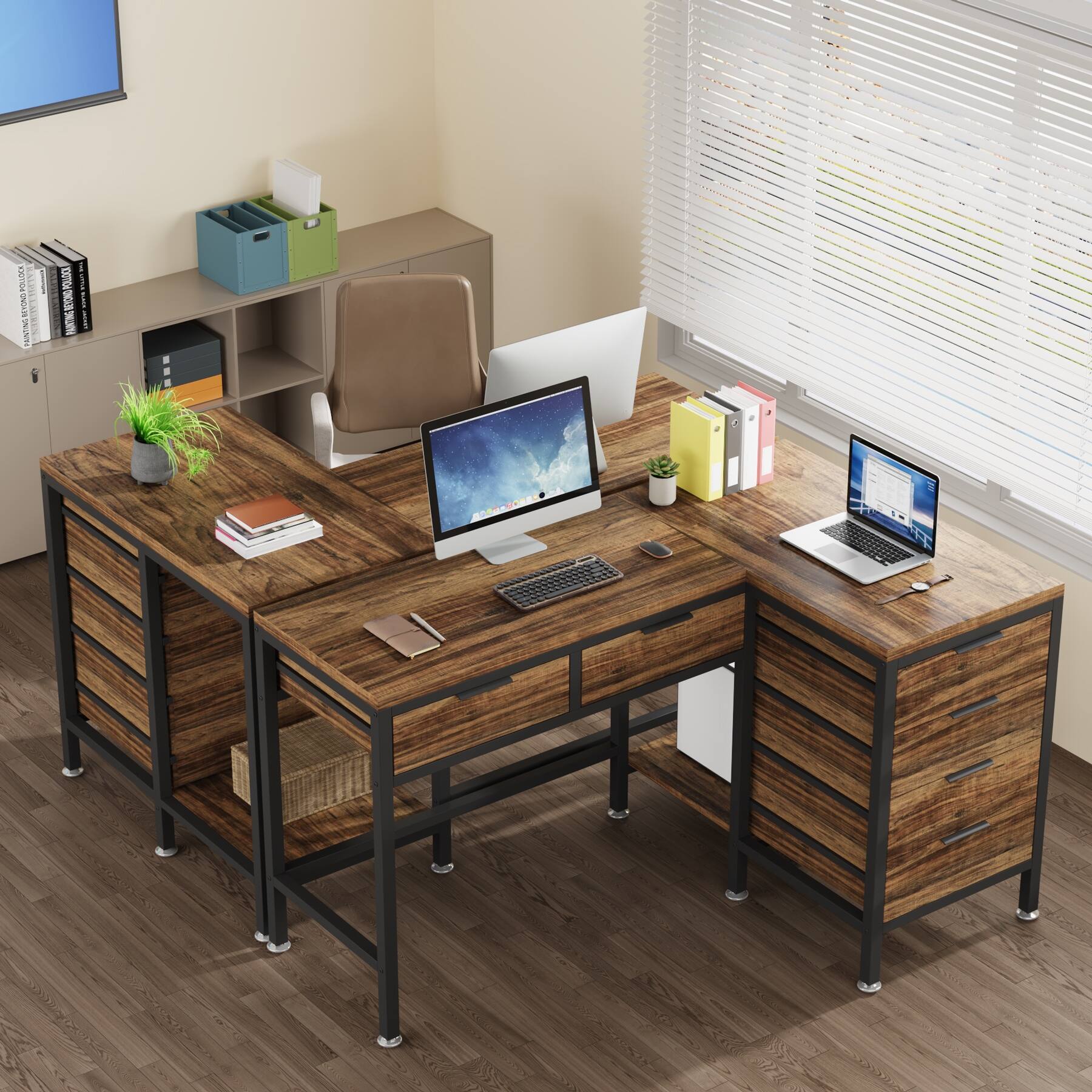 47 Inches LShaped Desk with 6 Drawers, Computer Corner Desk with