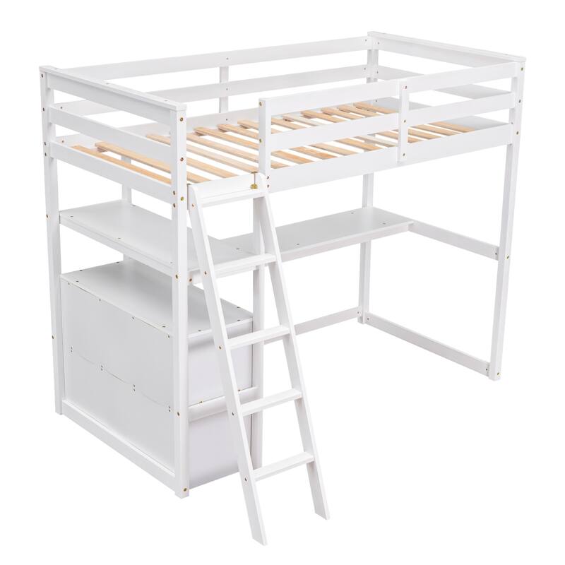 Twin Loft Bed with Desk, Shelves, and Drawers, White
