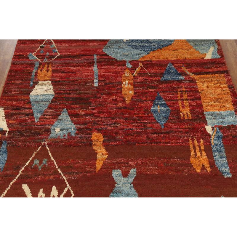 Geometric Moroccan Oriental Area Rug Handmade Red Wool Carpet - 6'4" x 8'9"