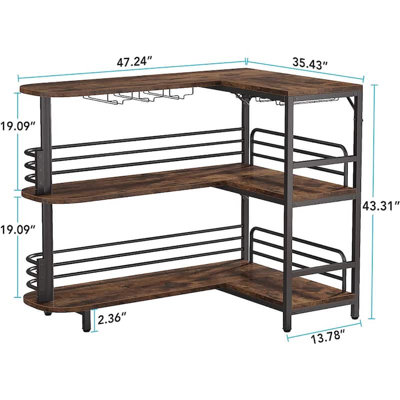 L-Shaped Home Bar Unit, 3 Tier Liquor Bar Table with Wine Glasses Holder, Corner Wine Bar Cabinet for Home Kitchen Pub