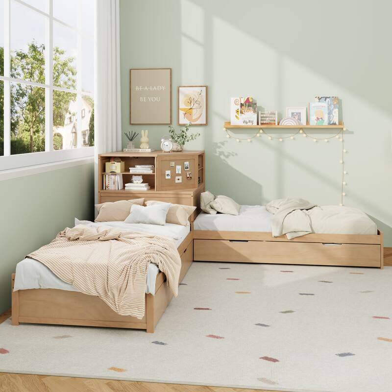 L-Shaped Combination Twin Bed Frame with Trundle and Drawer