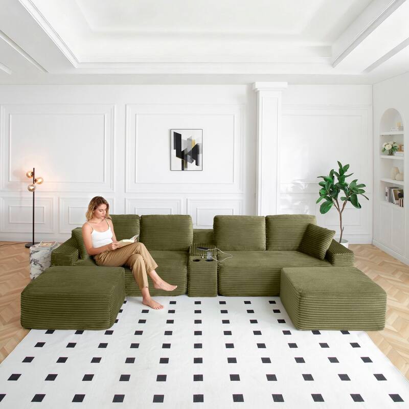 125'' U-Shaped Corduroy Sectional Sofa with Cup Holders, USB Ports and 2 Ottomans - Green